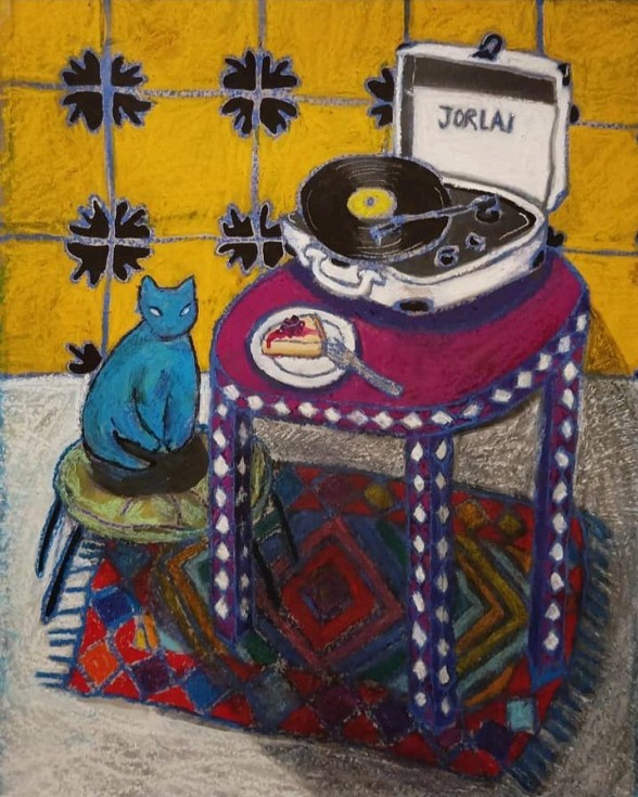 Asma Ghanem Blue cat music, 2024 Acrylic and pastel on canvas 91 x 71 cm AVAILABLE