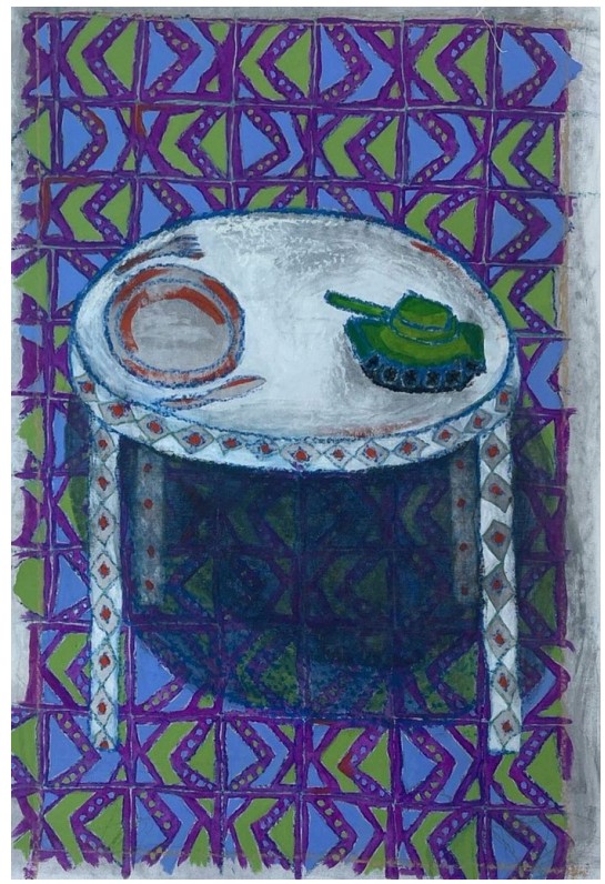Asma Ghanem Occupation vs Civilians, 2024 Acrylic and pastel on canvas 109 x 100 cm AVAILABLE