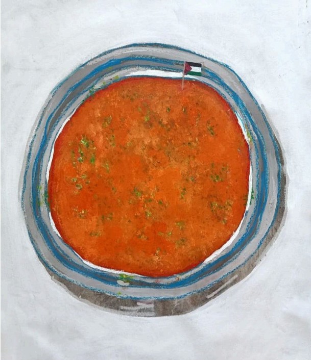 Asma Ghanem Palestinian knaffah, 2024 Acrylic and pastel on canvas 90 x 66 cm AVAILABLE