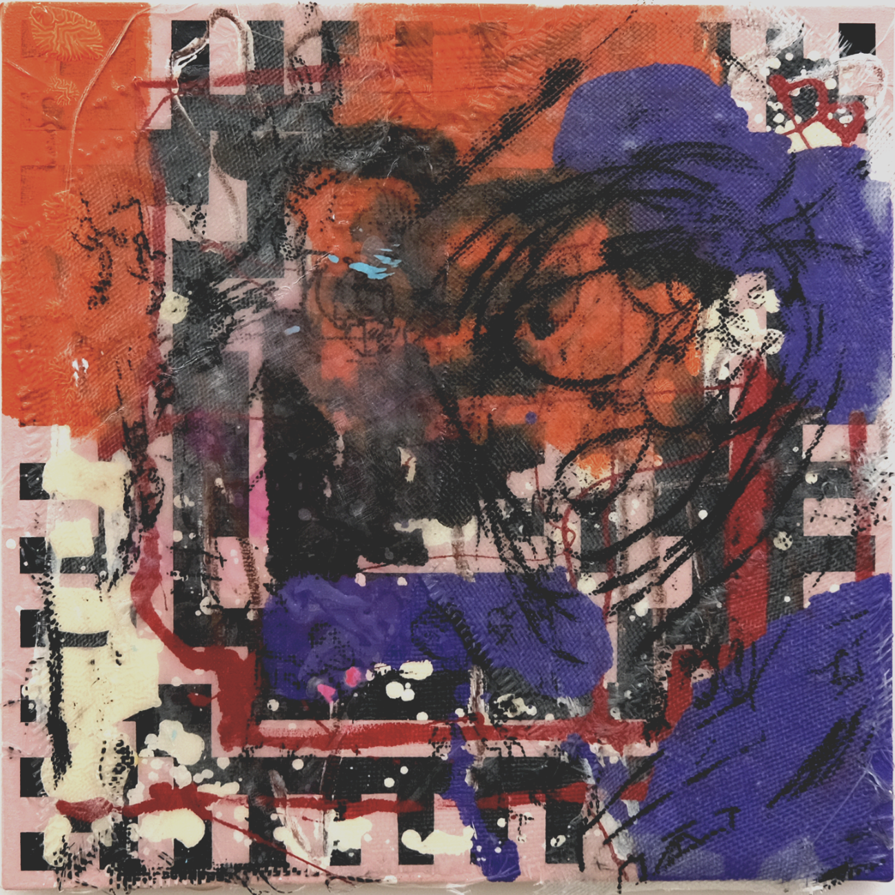 Tala Worrell Apaulling Secret, 2025 Oil, Flashe, giber glass, screenprinting, resin, and house hold gloss paint on canvas 60 X 60 cm