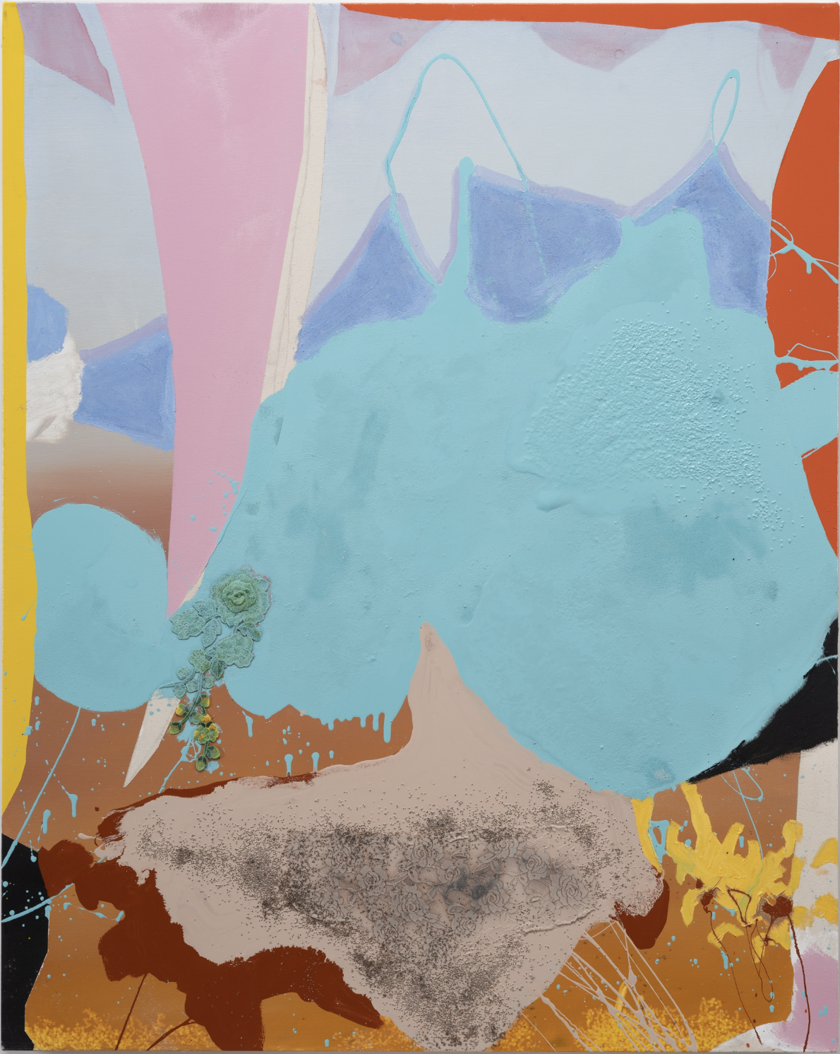 Tala Worrell My Anatomy, 2023 Oil, household gloss paint, lace, and chia seed on canvas 153 × 122 cm