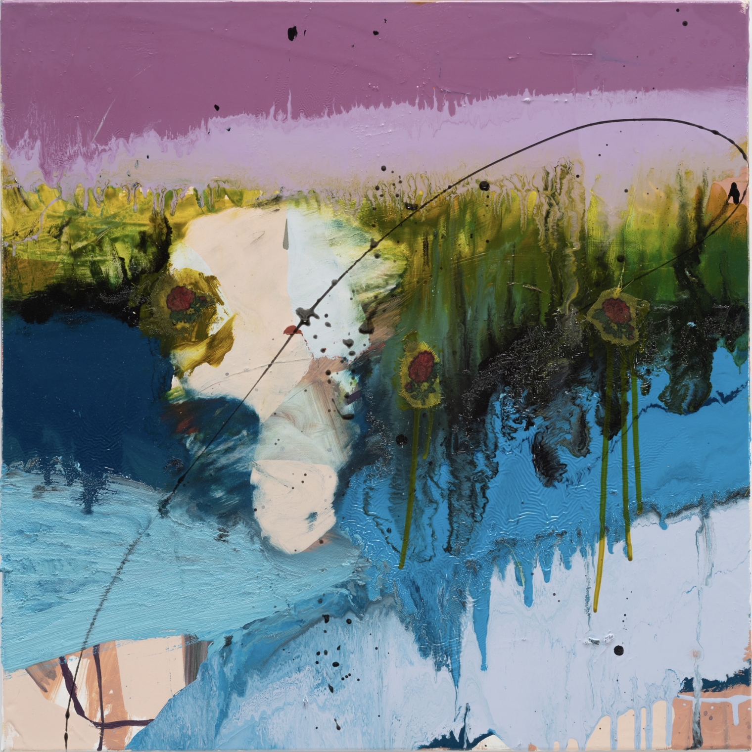 Tala Worrell Edging, 2023 Oil, household gloss paint and fabric on canvas 61 × 61 cm