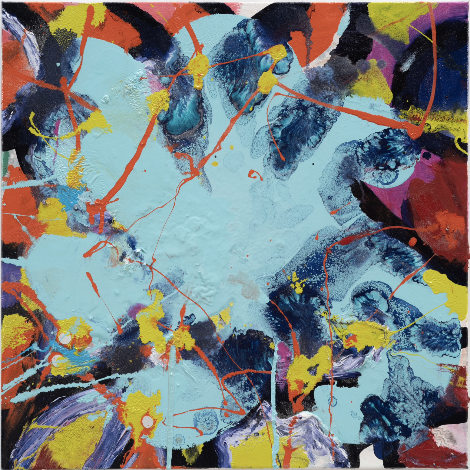 Tala Worrell Blood Play, 2023 Oil, household gloss paint, rice flour and mirrors on canvas 61 X 61 cm