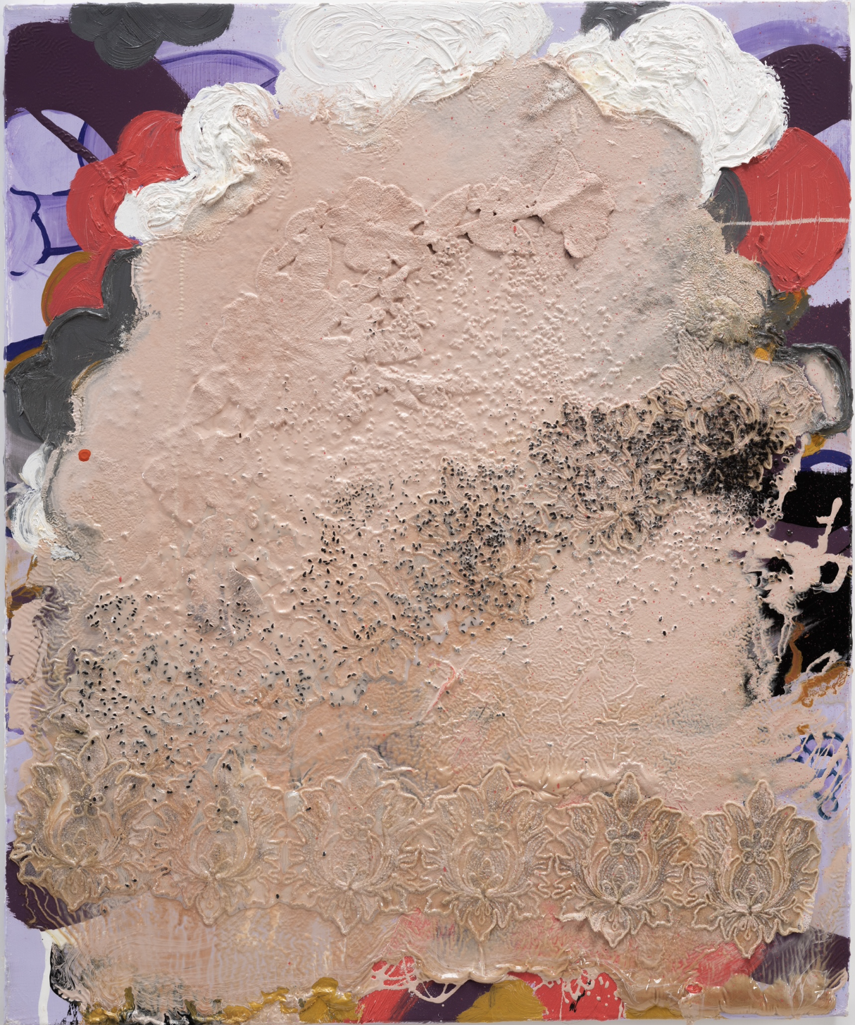 Tala Worrell Razor Burn, 2023 Oil, household gloss paint, lace, and nigella seed on canvas 61 × 51 cm