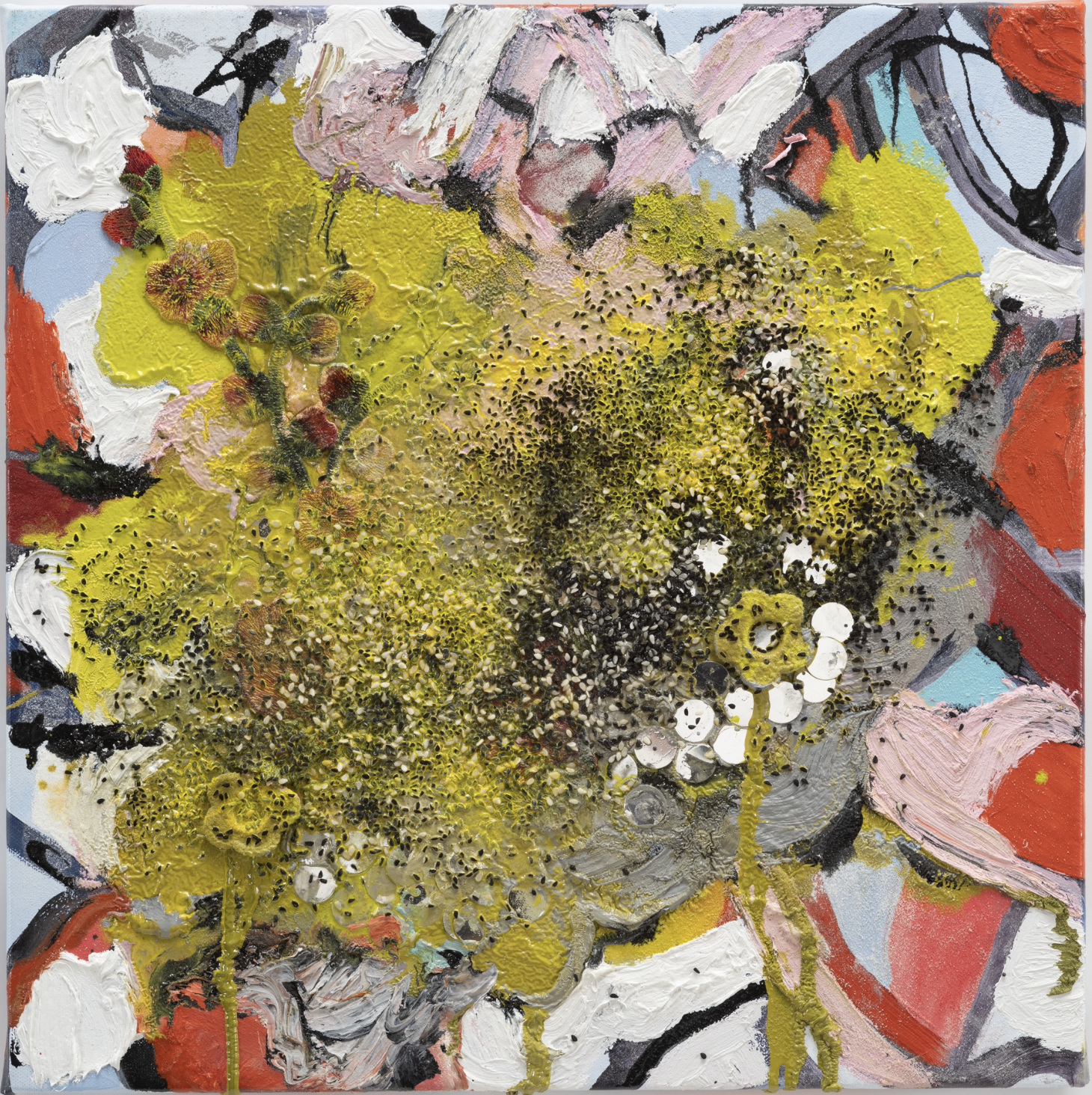 Tala Worrell Microblading, 2023 Oil, household gloss paint, lace, mirrors, sesame seed, and nigel la seed on canvas 41 × 41 cm