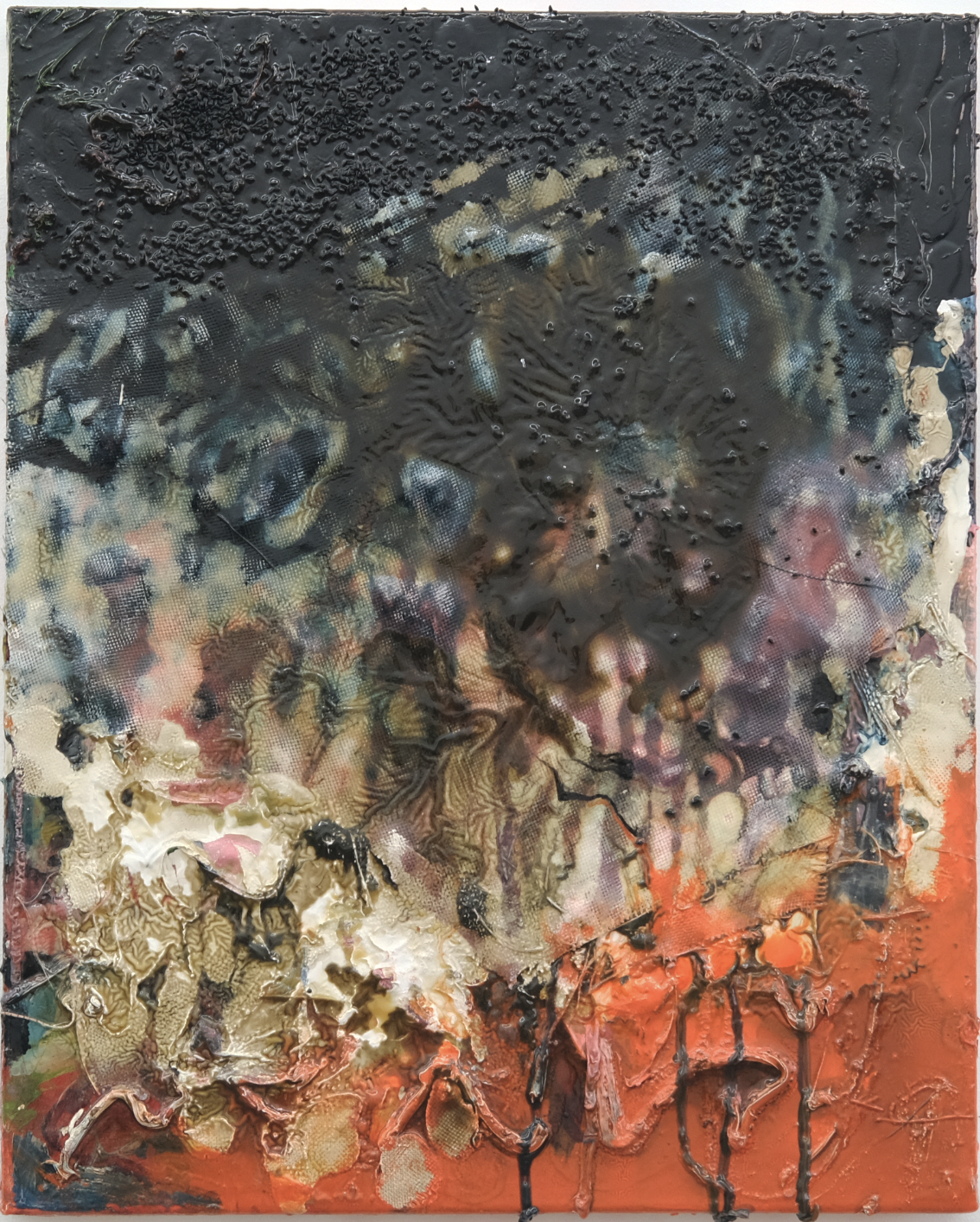 Tala Worrell Nellie, 2025 Oil, household gloss paint, fiberglass, and nigella seed on canvas 51 X 41 cm