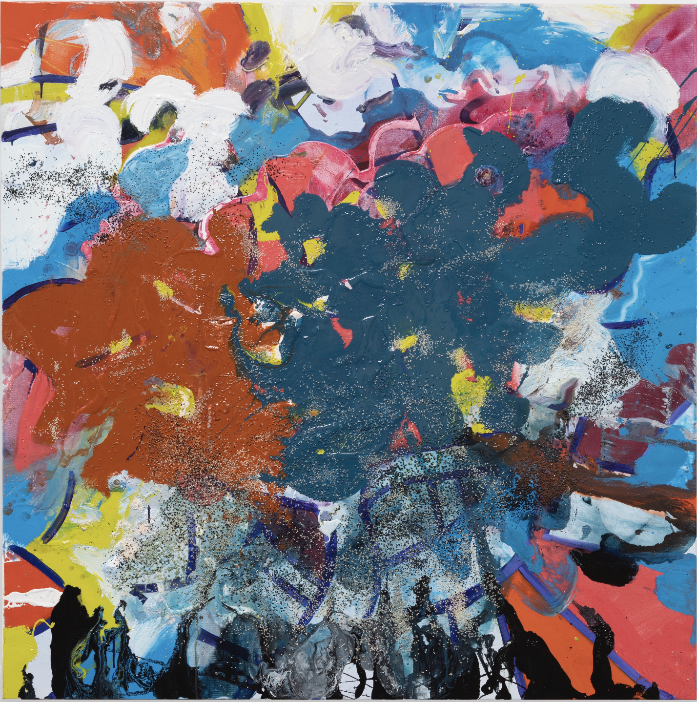 Tala Worrell Downburst, 2023 Oil, household gloss paint, sesame seed, mirror, and black seed on canvas 150 X 150 cm