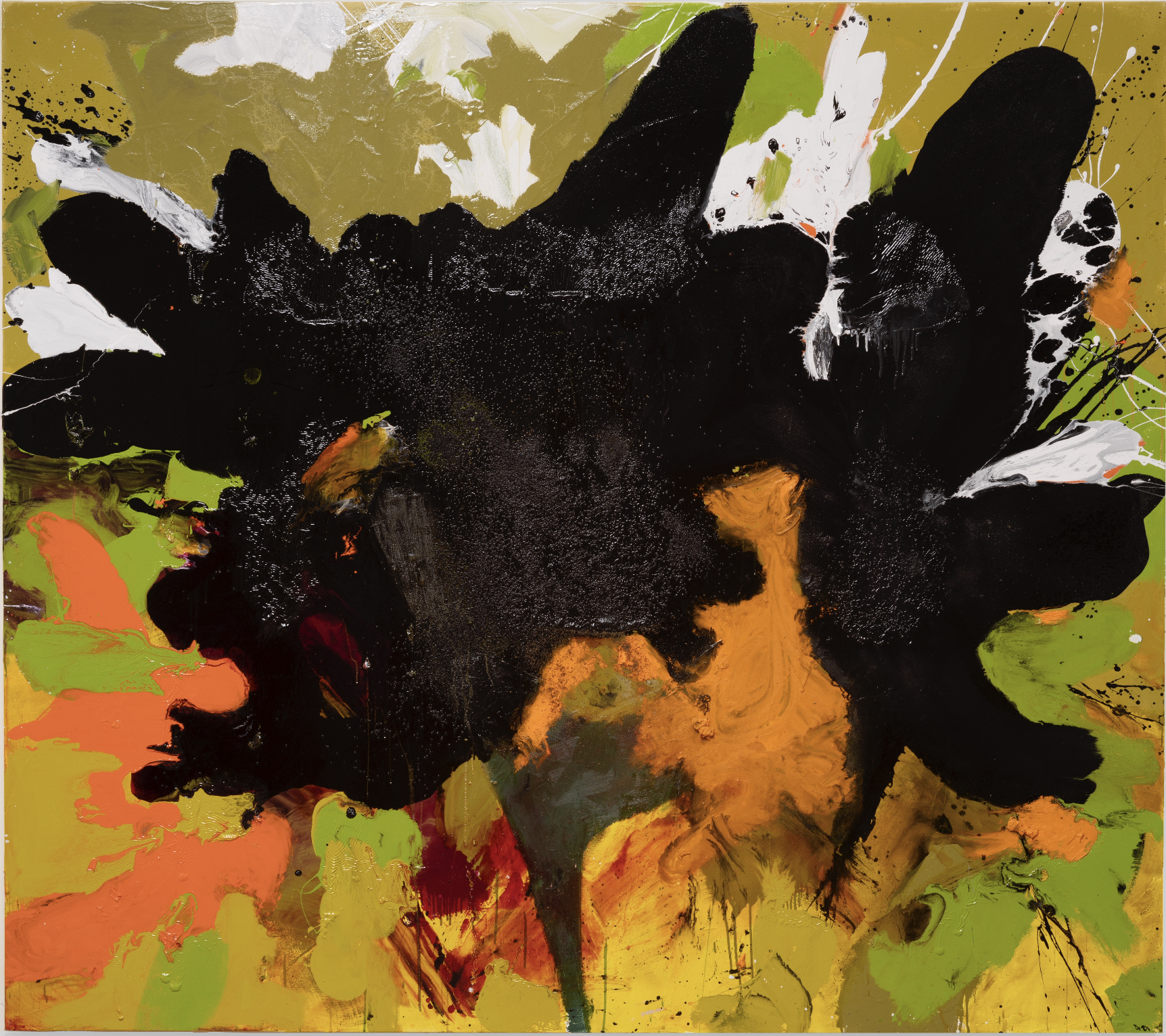 Tala Worrell Sub-grade, 2023 Oil, household gloss paint, zaatar, and blackseed on canvas 216 X 244 cm