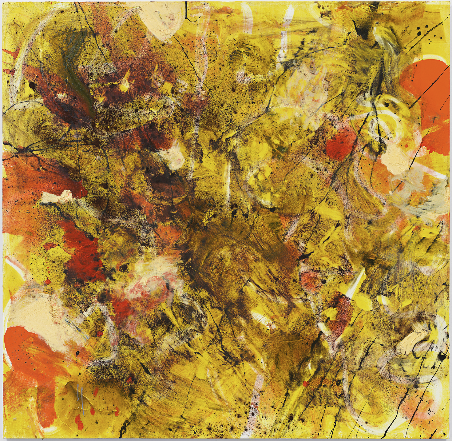 Tala Worrell Before The Shutoff, 2023 Oil, household gloss paint, coffee grounds, on canvas 168 X 173 cm