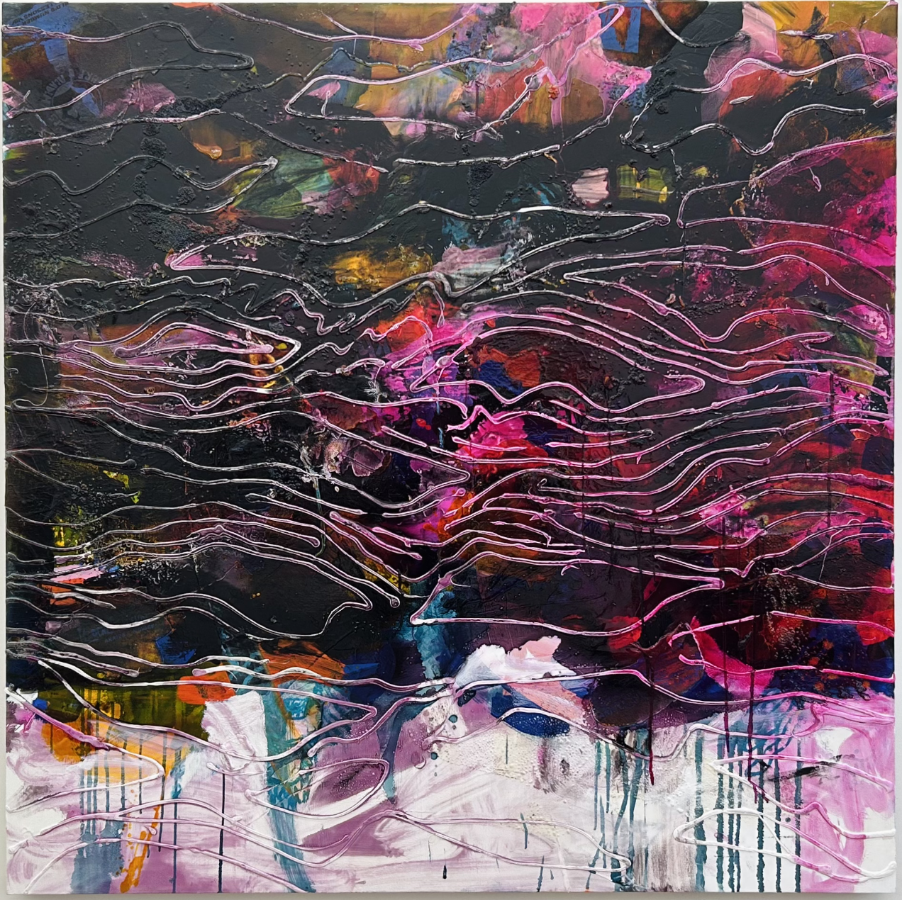 Tala Worrell Zuma, Dolphins, Seals, 2025 Oil, fabric, fiberglass, beads, on canvas 150 X 150 cm