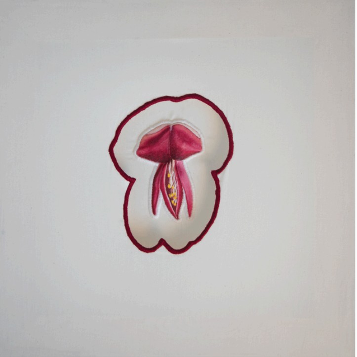 Mahra AlFalahi العاقول :Title Year: 2025 Mediums: Ink on uncoated canvas sewn onto natural cotton with machine and embroidery on cotton Size: 35 cm x 35 cm