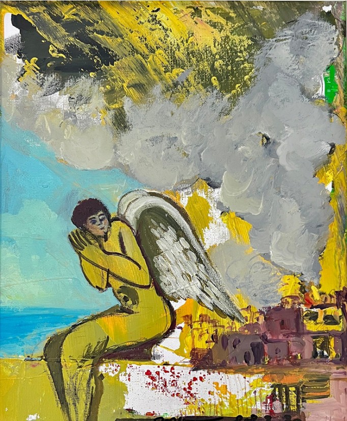 Mohammed Al Hawajri The Angel's House is Burning, 2024 Acrylic on canvas 35X25 cm