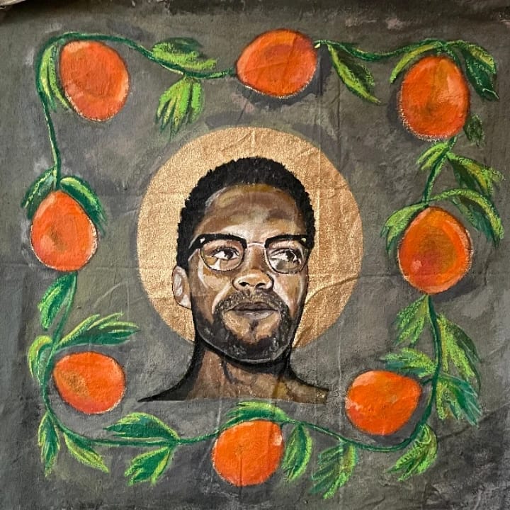 Asma Ghanem Truth is on the side of the oppressed-Malcolm X, 2024 Acrylic , pastel & metallic gold paint 60 x 60 cm AVAILABLE