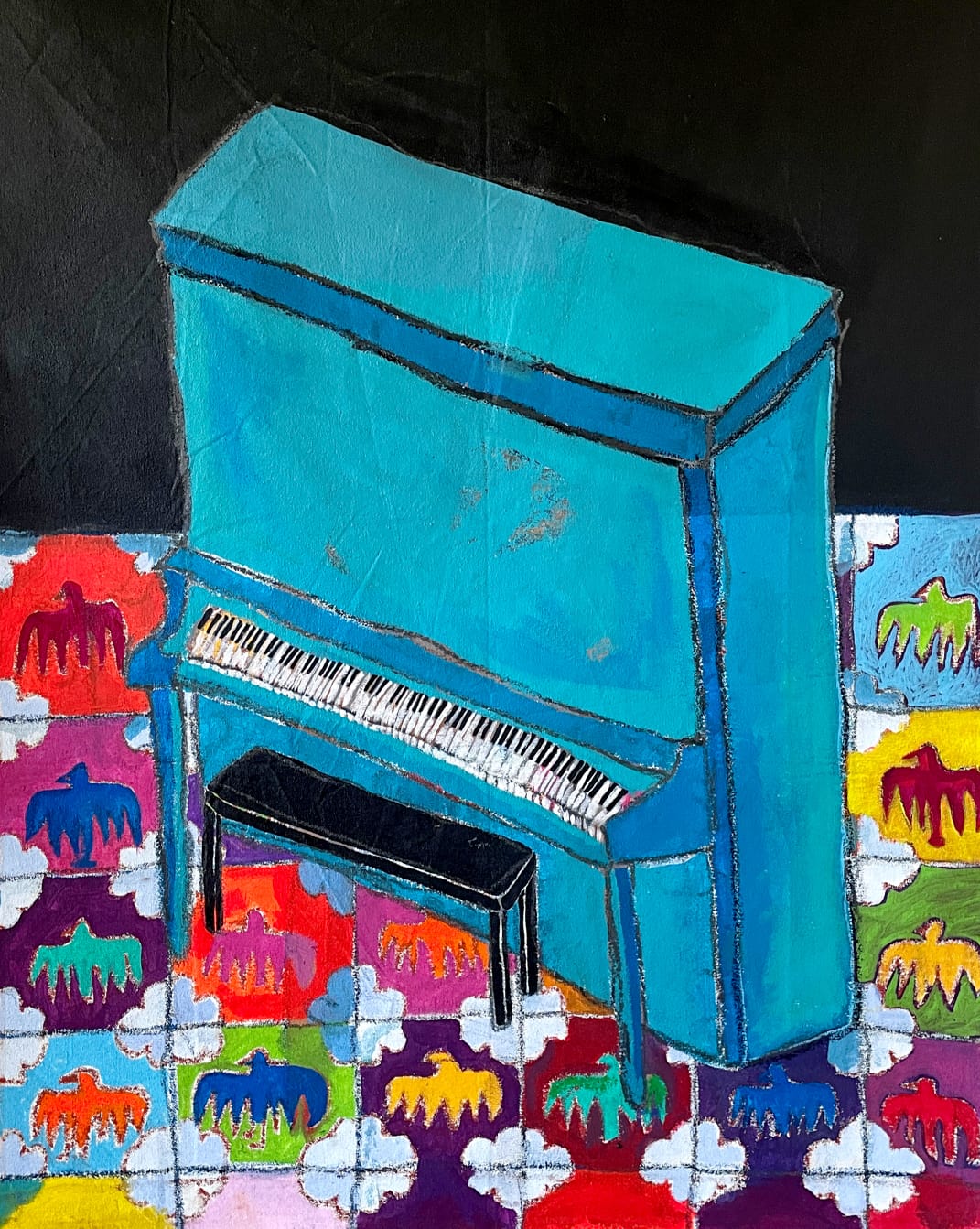 Asma Ghanem Blue Piano, 2024 Acrylic & pastel on canvas 91 x 71 cm AVAILABLE