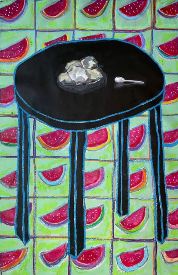 Asma Ghanem Stones & Resistance, 2024 Acrylic & pastel on canvas 109 x 68 cm