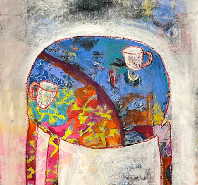 Asma Ghanem Coffee Table, 2024 Acrylic & pastel on canvas 70 X 70 cm AVAILABLE