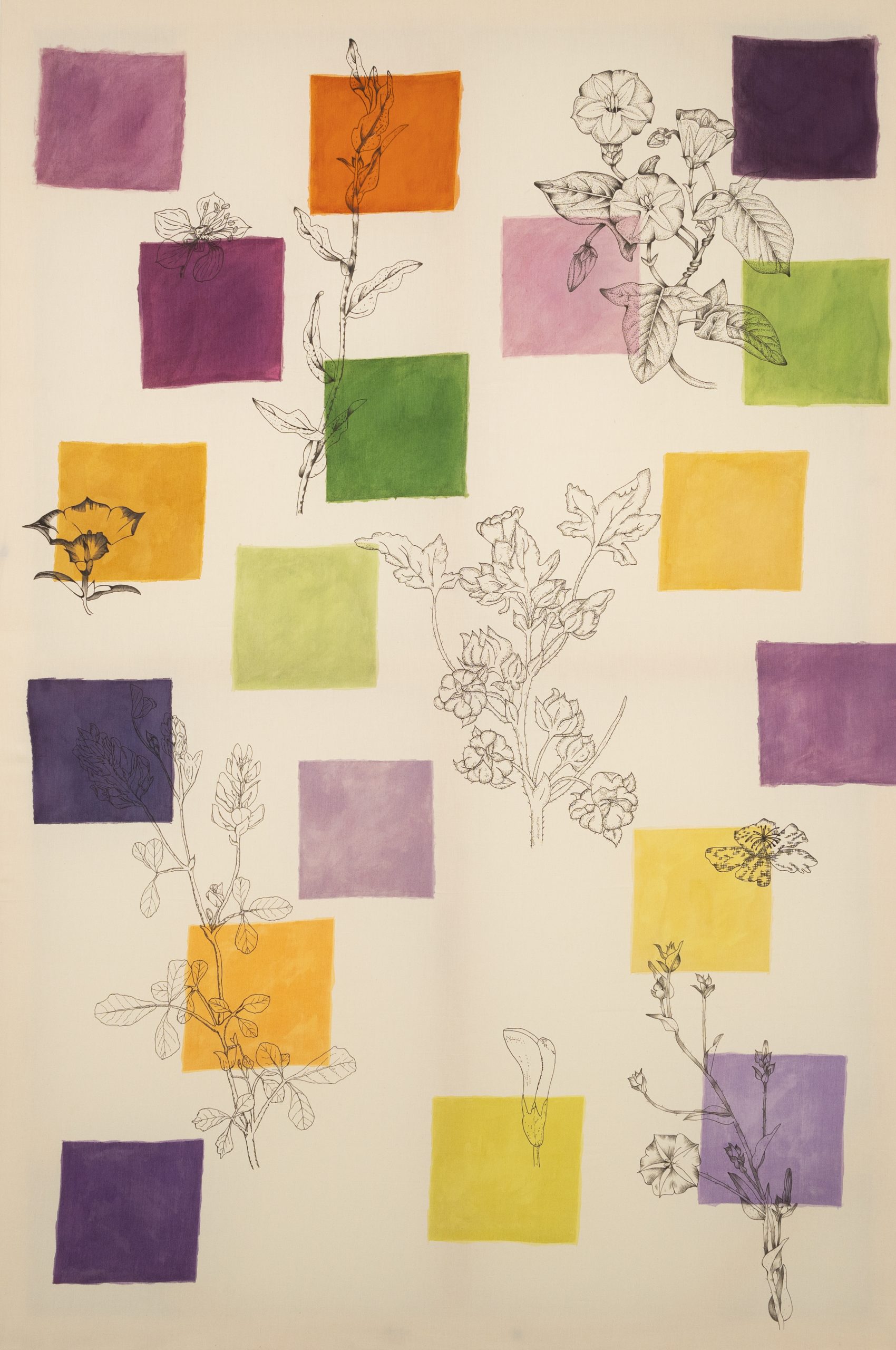 Mahra AlFalahi Title: The many colors of "بالدي زهور" Year: 2024 Mediums: ink and fabric dye on natural cotton. Size: 150 cm x 100 cm