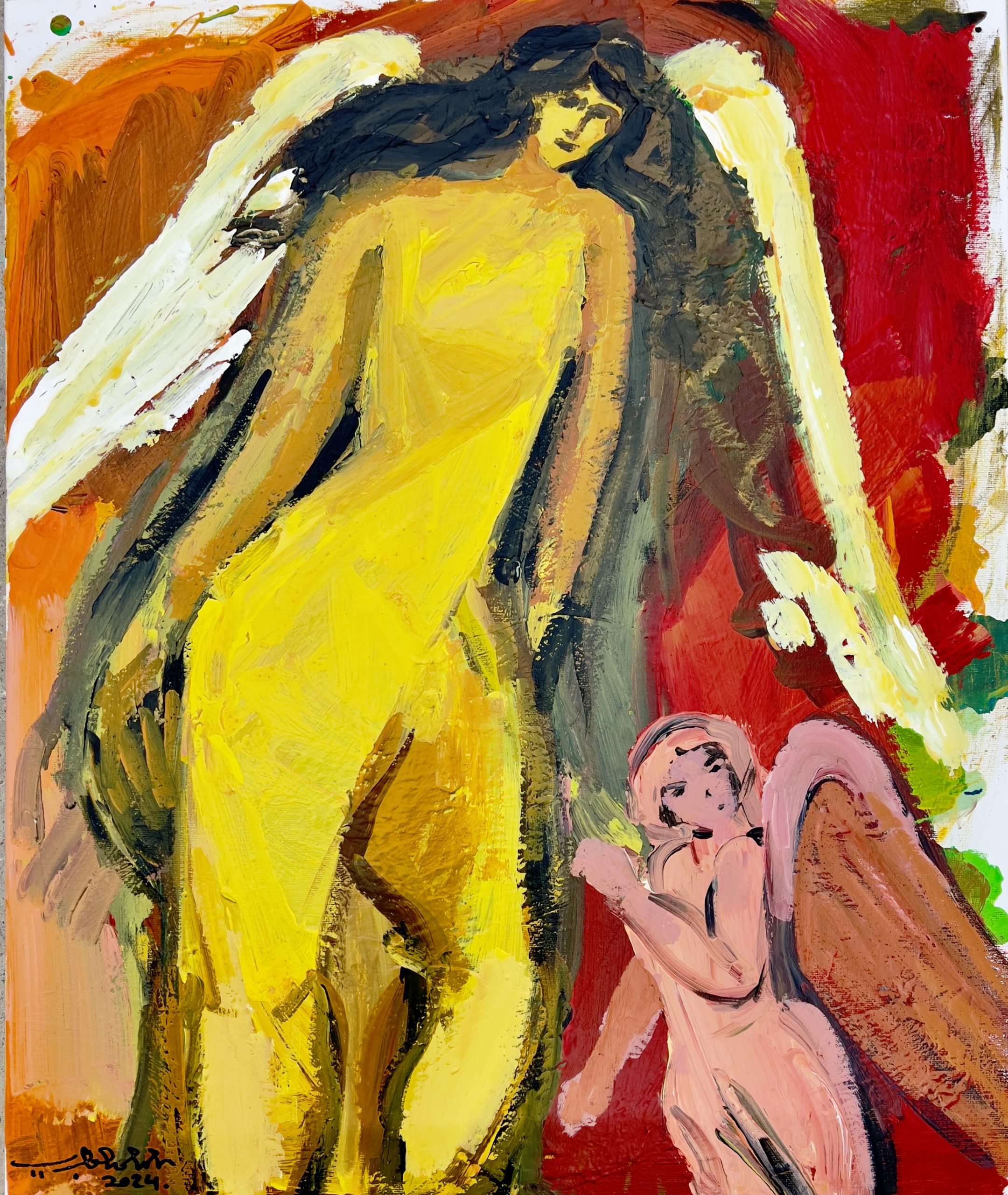 Mohammed Al Hawajri Mother & Child With Wings, 2024 Acrylic on canvas 60X50 cm AVAILABLE