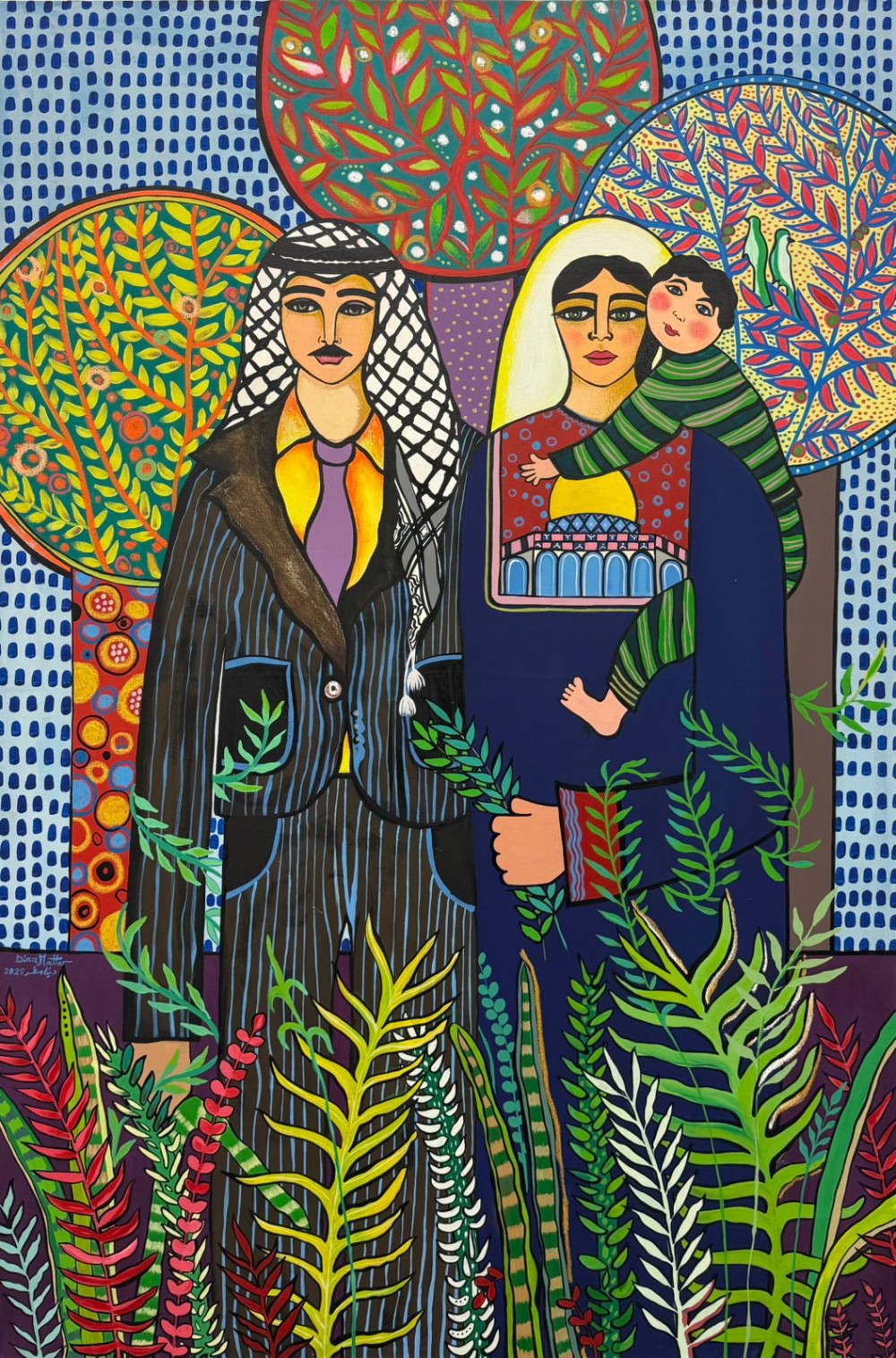 Dina Mattar Family in The Orchard , 2025 Acrylic on canvas 180x120 cm Available