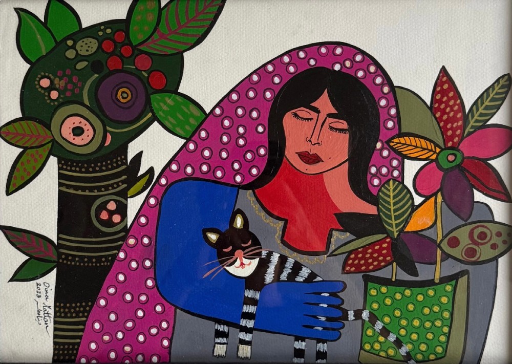 Dina Mattar Women & Cat, 2025 Acrylic on paper 32x44 cm Available
