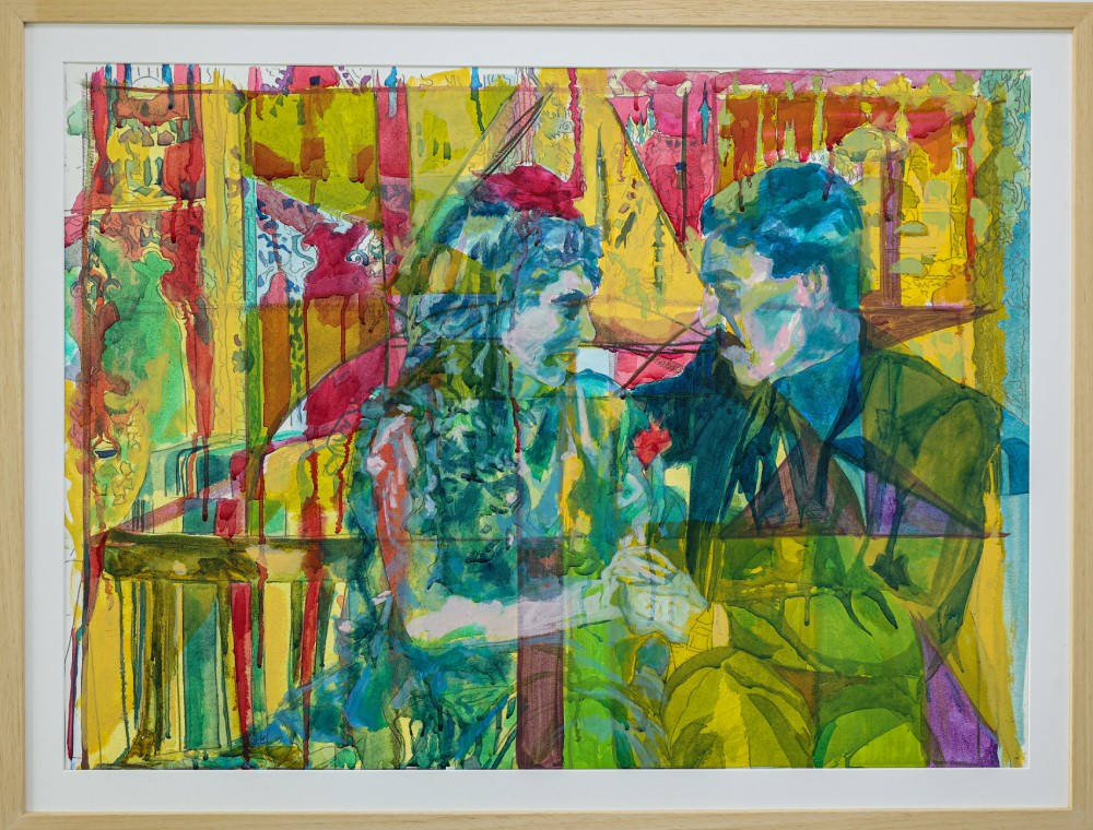 Inass Yassin A Colorful Stage & A Rose , 2018 Oil on Paper 56x66 cm