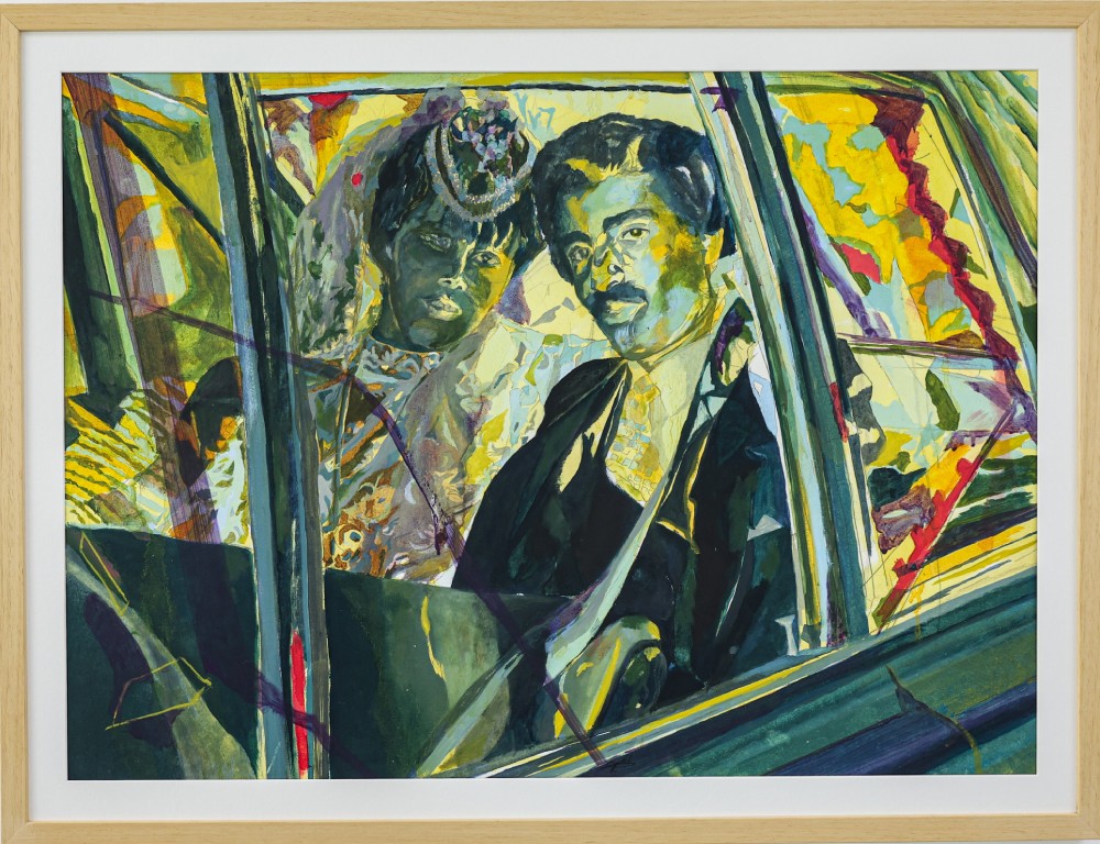 Inass Yassin Entourage In The Car, 2018 Oil on Paper 56x66 cm
