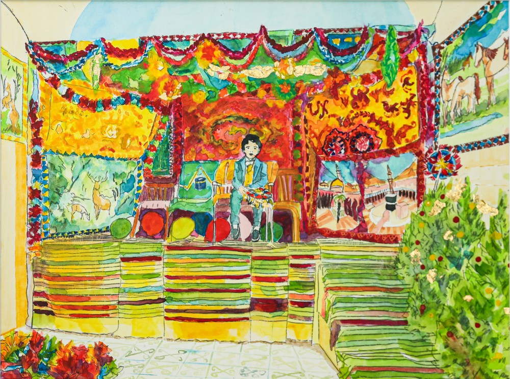 Inass Yassin A Boy with a Christmas Tree, 2022 Watercolor