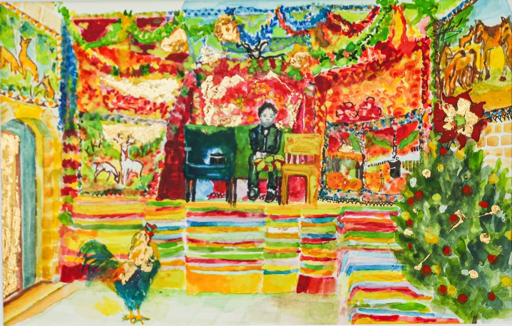 Inass Yassin A Boy With A Rooster, 2022 Watercolor on cardboard paper 18x28 cm