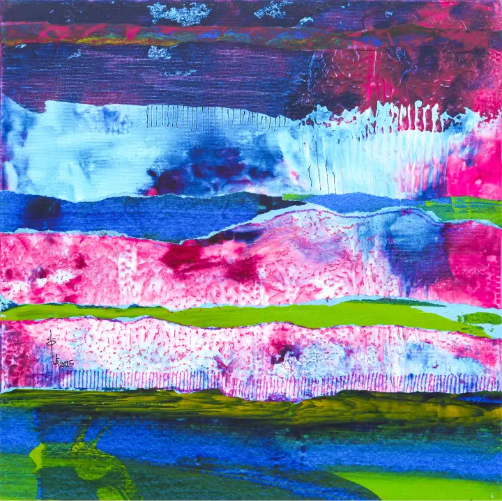 Najat makki Colorful Rhythm , 2025 Colag and acrylic on canvas 40x40 cm