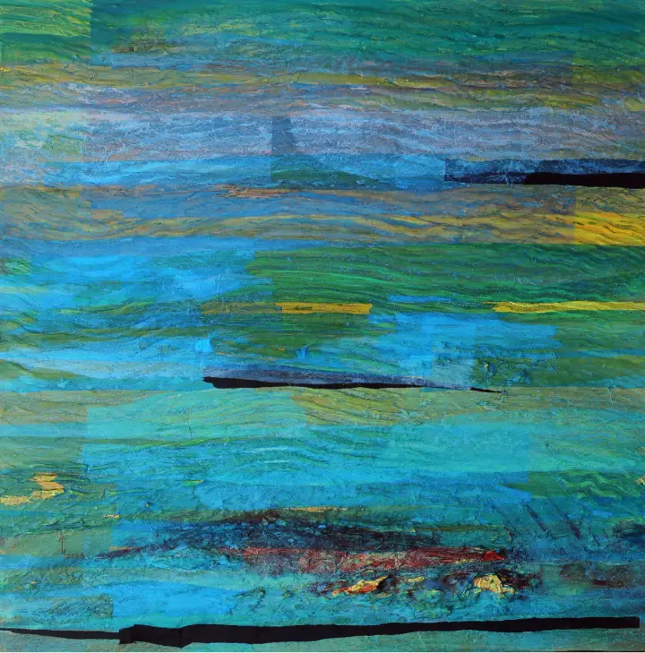 Najat makki Visual Dimensions, 2026 Collage & Acrylic on canvas 80x80 cm